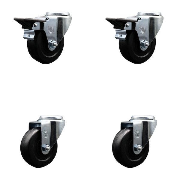 3.5'' Hard Rubber Wheel Swivel Bolt Hole Caster Set with 2 Posi Lock Brakes, 4PK